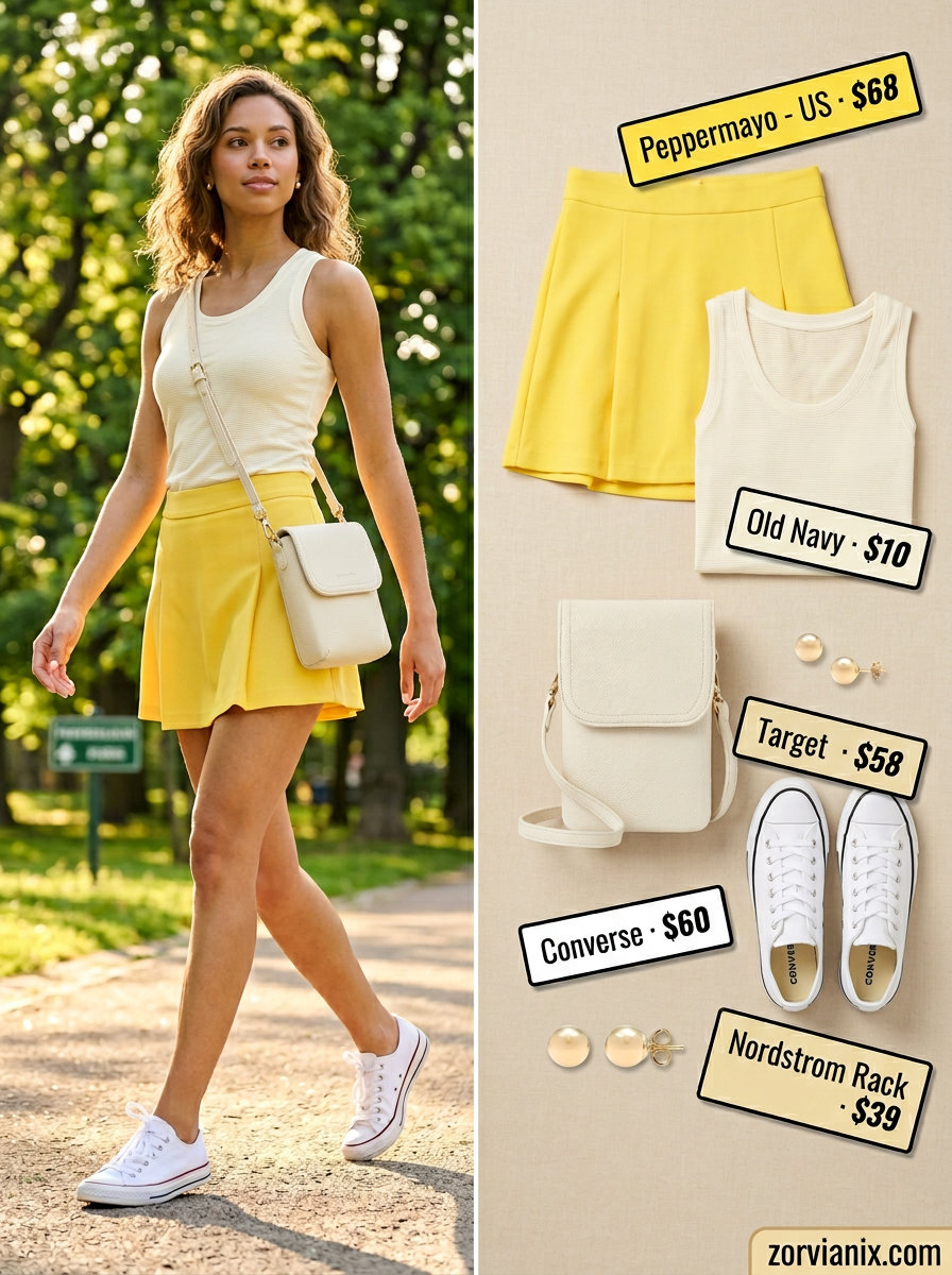 Sporty chic summer outfits for women 2026: Yellow mini skirt, white tank, canvas sneakers & crossbody bag.