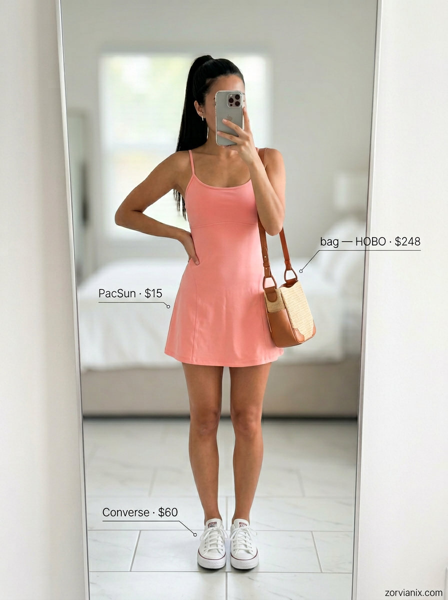 Sporty chic summer outfit: coral pink active dress, white sneakers, and a woven crossbody bag for a picnic or beach walk.