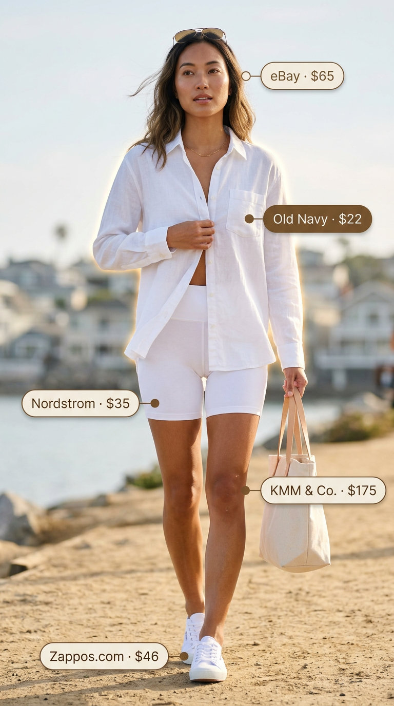 Sporty chic summer outfit: biker shorts, oversized linen shirt, canvas sneakers, aviator sunglasses, and tote bag.