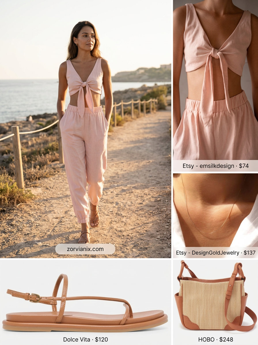 Sporty chic summer outfit: blush pink linen set, straw crossbody, and gold necklaces for a relaxed vacation vibe.