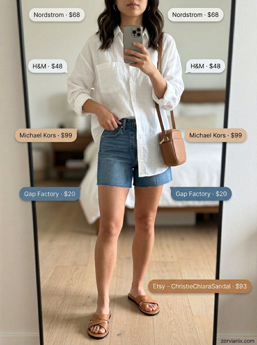 Sporty chic summer outfit: denim shorts, oversized linen shirt, leather slides, crossbody bag, and gold hoops.