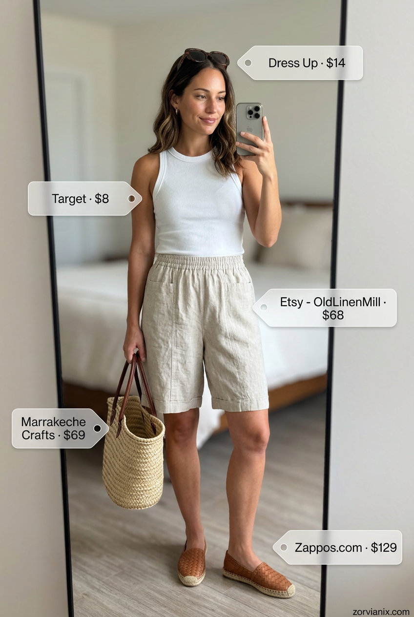 Sporty chic summer outfit: beige linen shorts, white tank, straw tote, and tan espadrilles for a casual day out or beach.