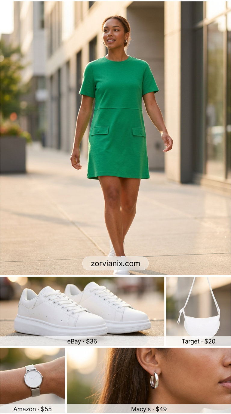 Sporty chic summer outfit: emerald green mini dress, white platform sneakers, crossbody bag, and silver hoops.