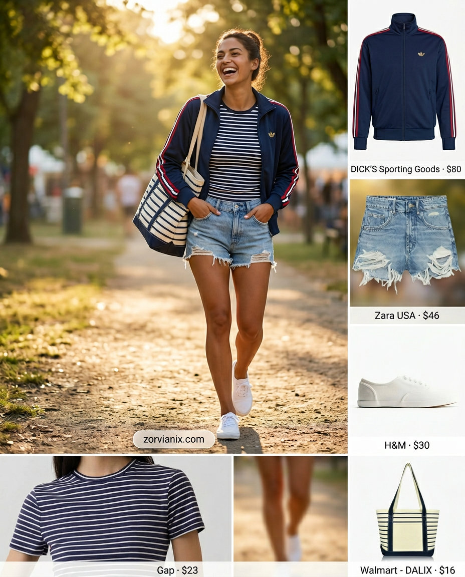 Sporty chic summer outfit: denim shorts, track jacket, striped tee, sneakers, and canvas tote for a retro vibe.