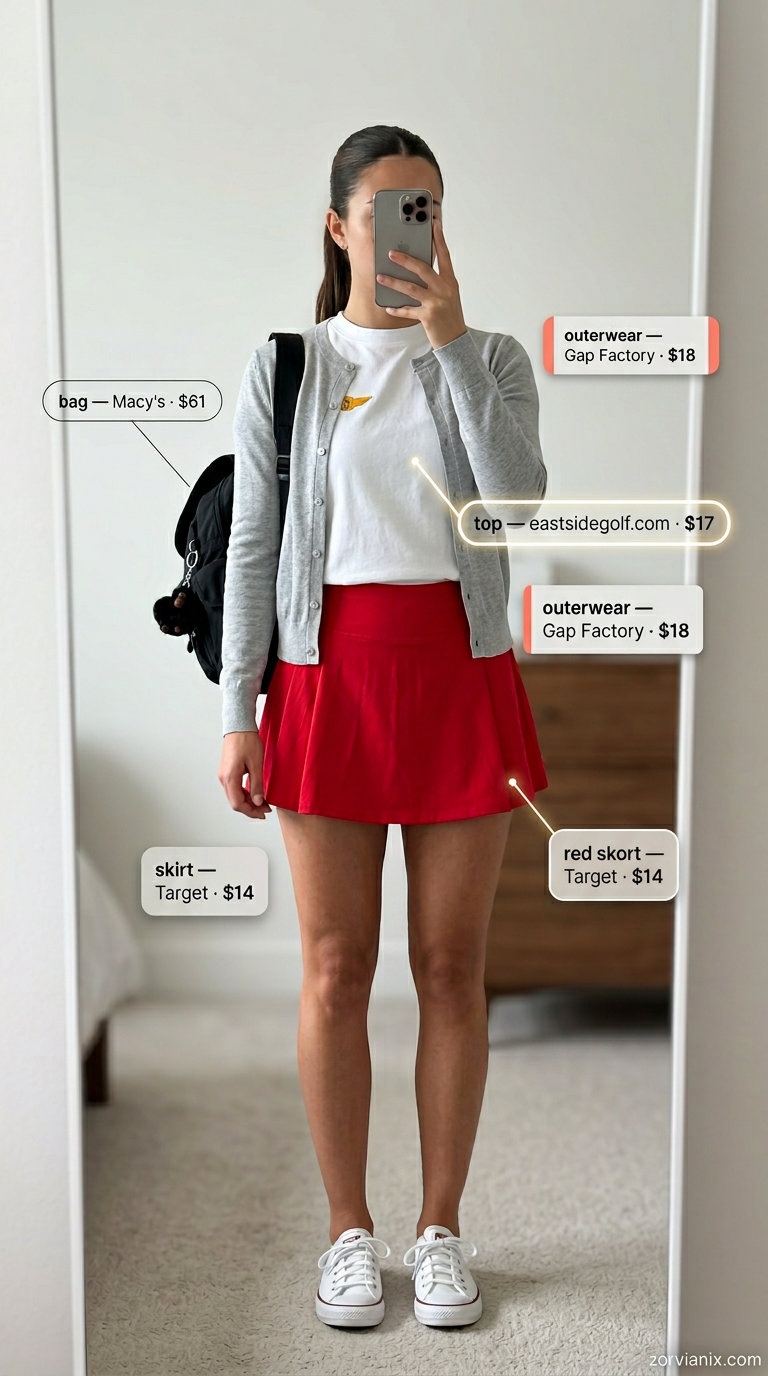 Sporty chic summer outfit: red pleated skirt, graphic tee, cardigan, sneakers, and backpack for a theme park day.