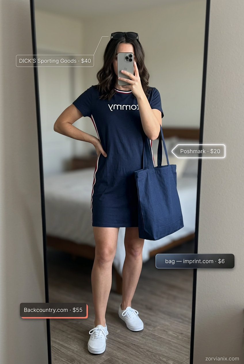 Sporty chic summer outfit: navy stripe midi dress, white sneakers, canvas tote, and sunglasses for running errands.