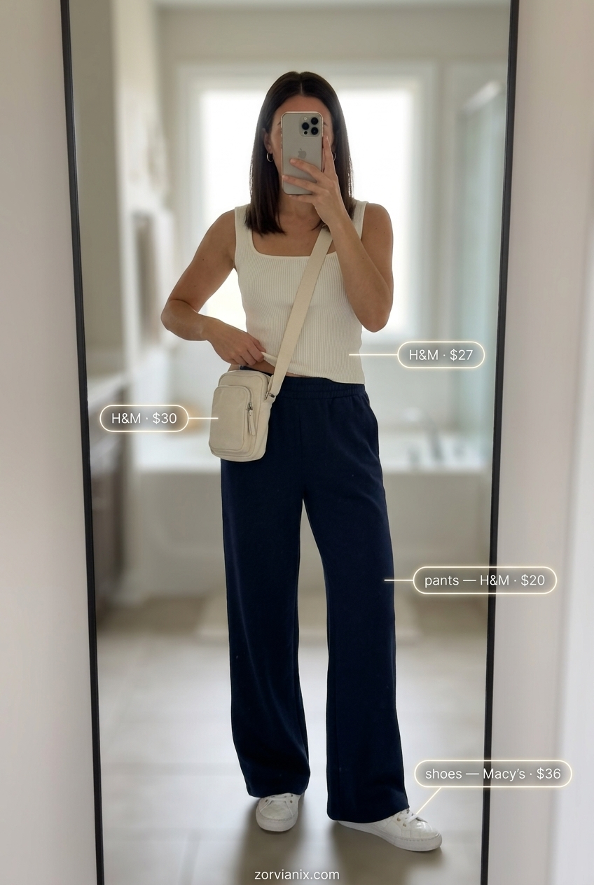 Stylish mom outfits summer 2026: Navy joggers, cream top, white sneakers, gold hoops for relaxed chic.