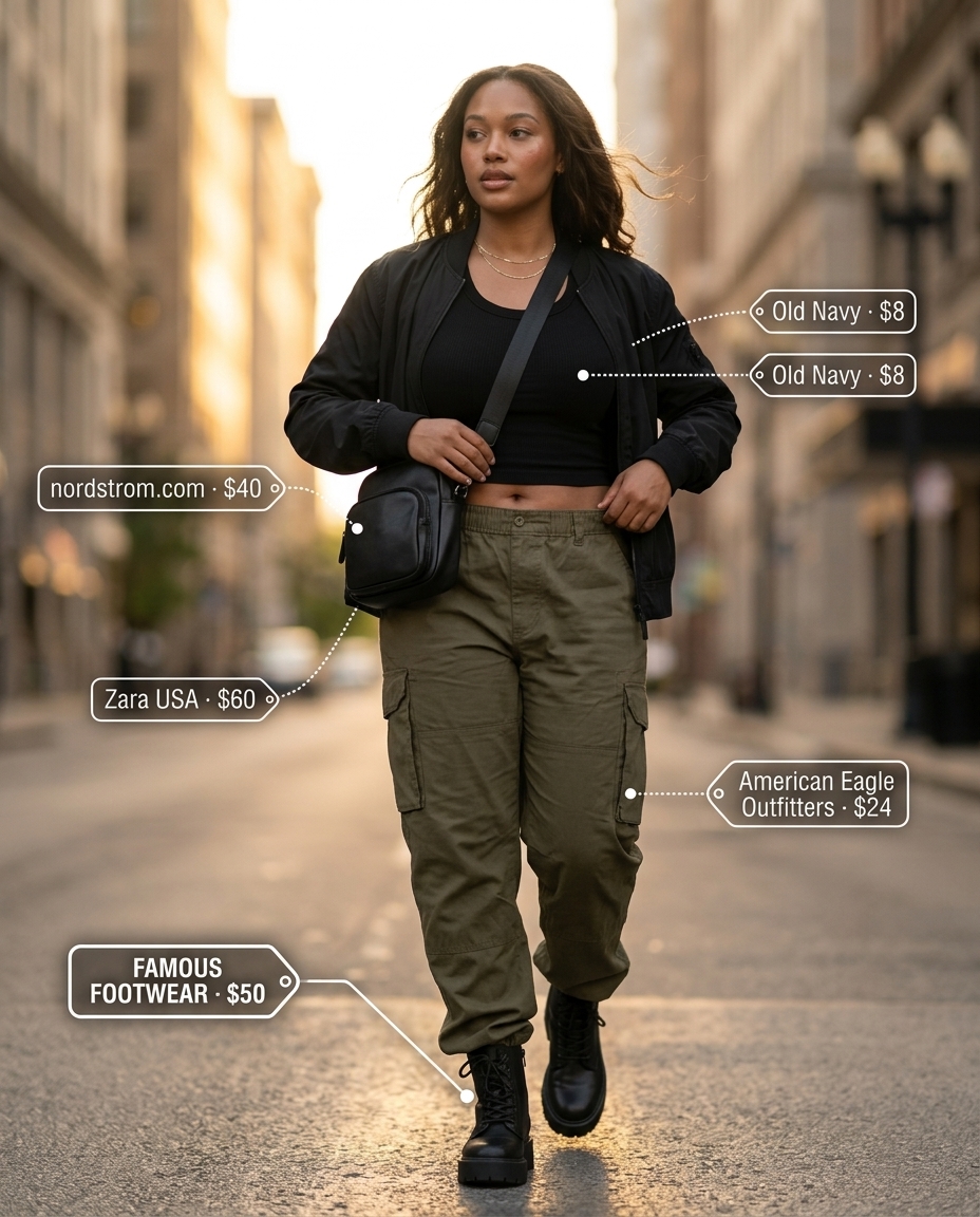 Stylish mom outfits summer 2026: Olive cargo pants, black tank, bomber jacket, combat boots for travel.