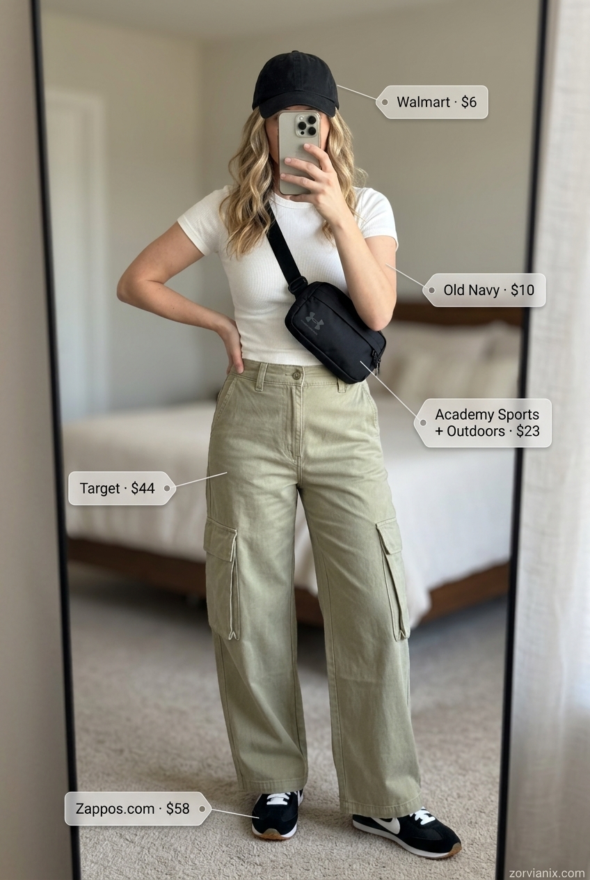 Stylish mom outfits summer 2026: Khaki cargo pants, white tee, black sneakers for weekend comfort.