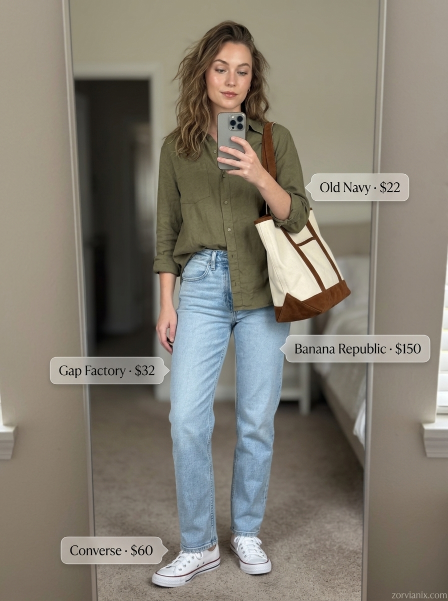 Stylish mom outfits summer 2026: Denim jeans with olive green shirt for city exploration.