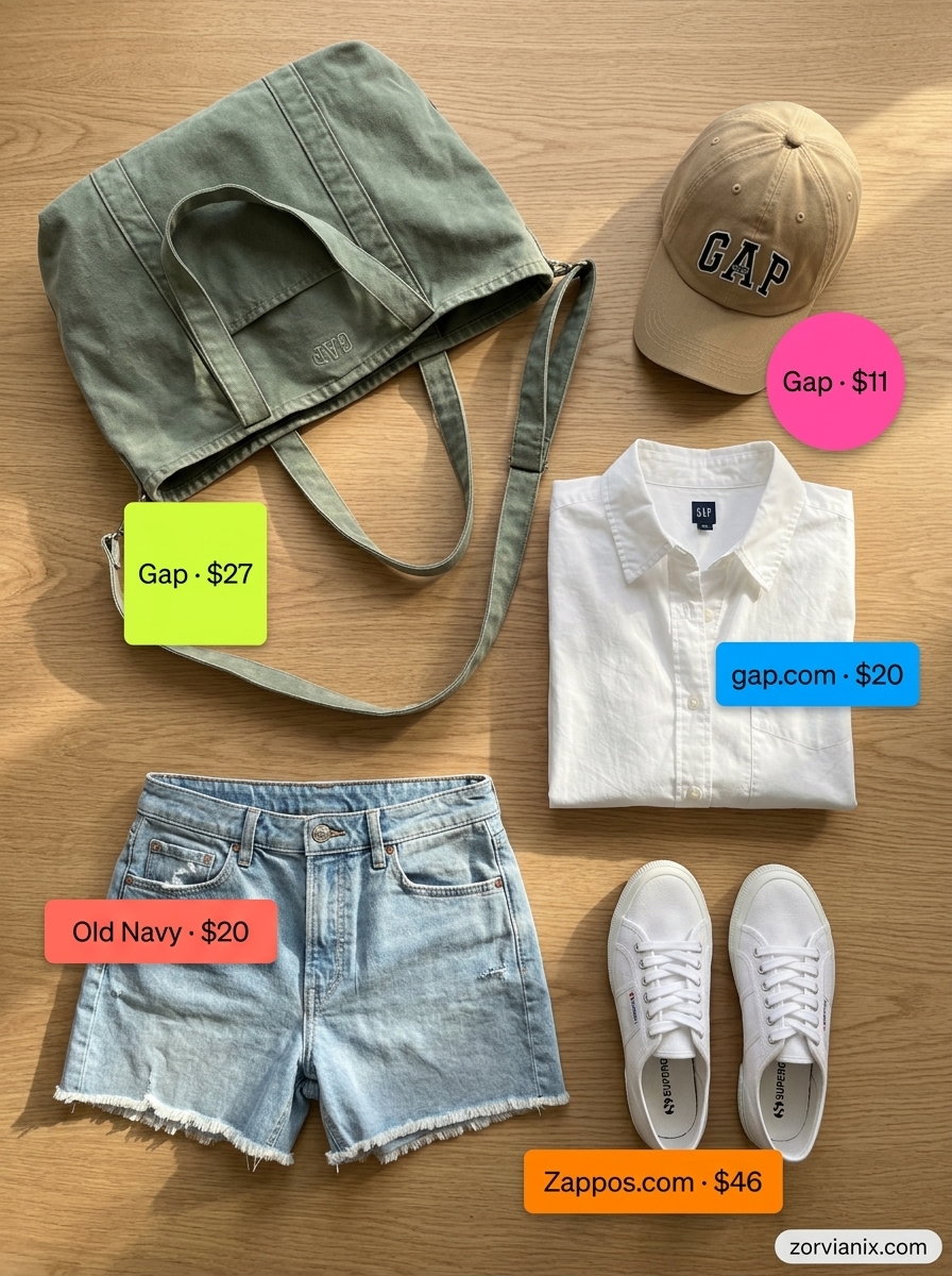 Stylish mom outfits summer 2026: Denim shorts, white shirt, olive tote for weekend errands.