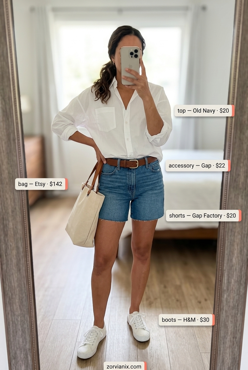 Stylish mom outfits summer 2026: Denim shorts, white shirt, canvas sneakers for casual beach town.