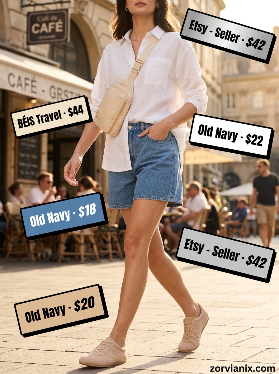 Stylish mom outfits summer 2026: Denim shorts, oversized linen shirt, sneakers for weekend.