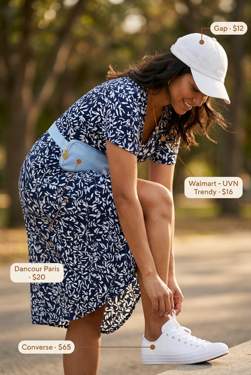 Stylish mom outfits summer 2026: Coral floral dress, white cap, sneakers for park playdate.