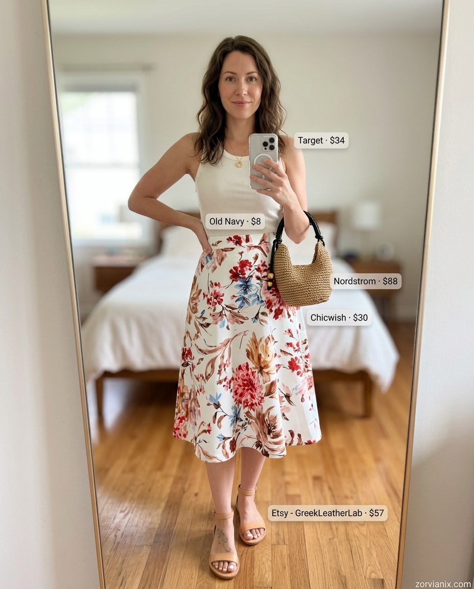 Stylish mom outfits summer 2026: Pastel floral skirt, white tank, tan sandals for brunch.