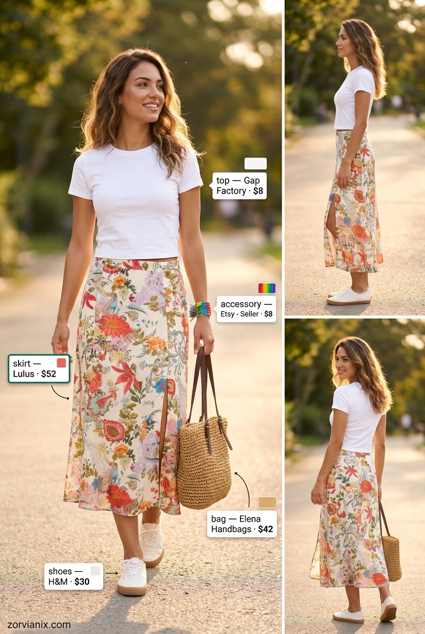 Stylish mom outfits summer 2026: Floral midi skirt, white tee, canvas sneakers for a picnic.