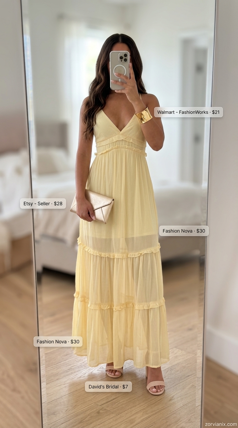 Stylish mom outfits summer 2026: Golden yellow maxi dress with gold accessories for an elegant evening.