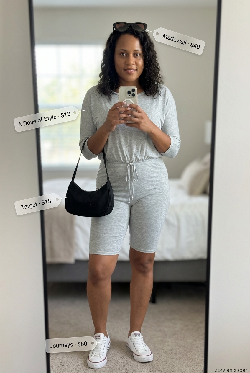 Stylish mom outfits summer 2026: Light grey romper with white sneakers for casual weekend fun.