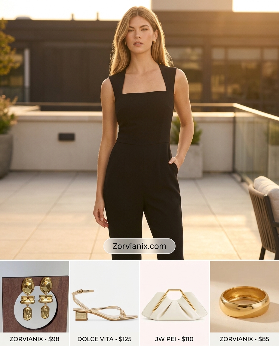 Stylish mom outfits summer 2026: Black wide-leg jumpsuit, gold heels, cream clutch for evening.