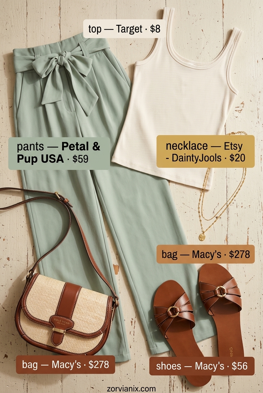 Stylish mom outfits summer 2026: Sage green linen pants, cream tank, sandals for evening stroll.