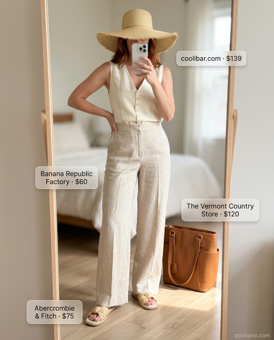 Stylish mom outfits summer 2026: Linen set, straw hat, espadrilles for effortless summer style.