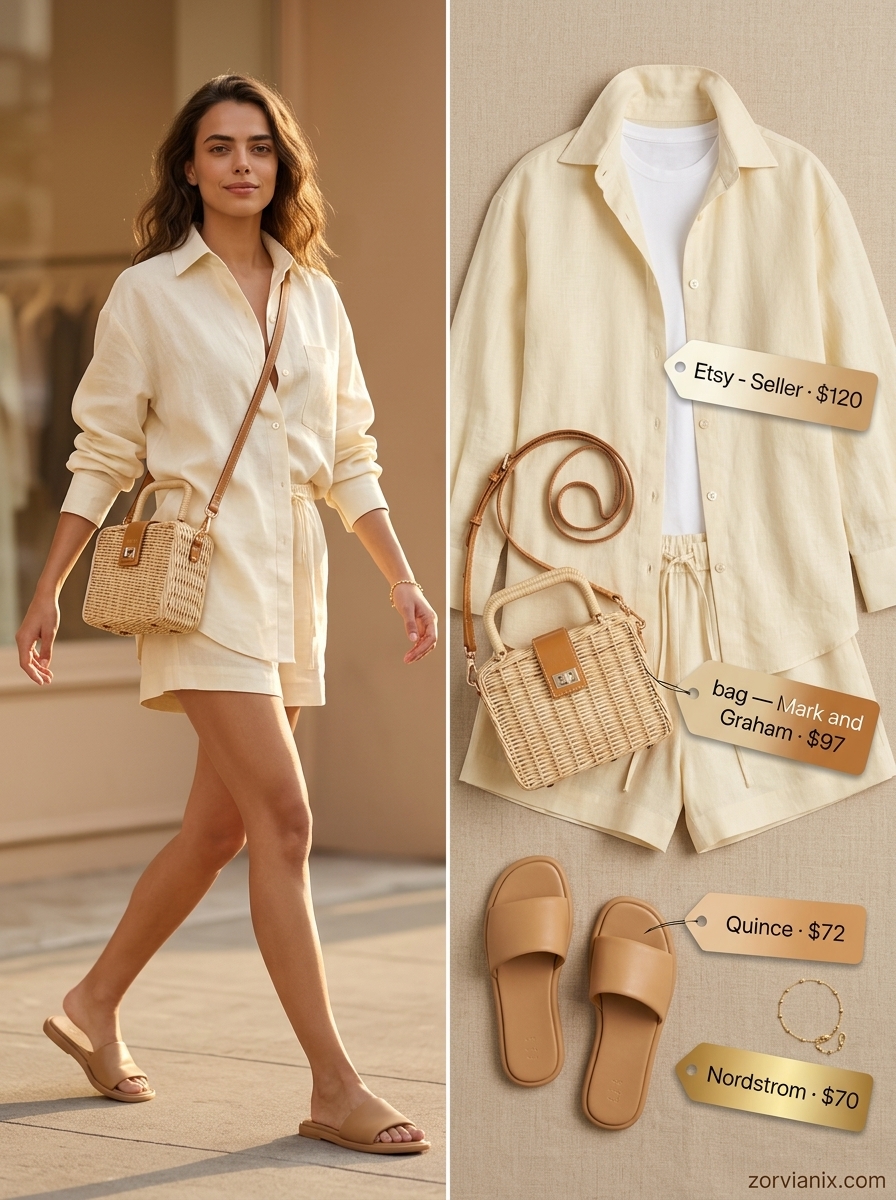 Stylish mom outfits summer 2026: Cream linen set, leather slides, straw bag for brunch.