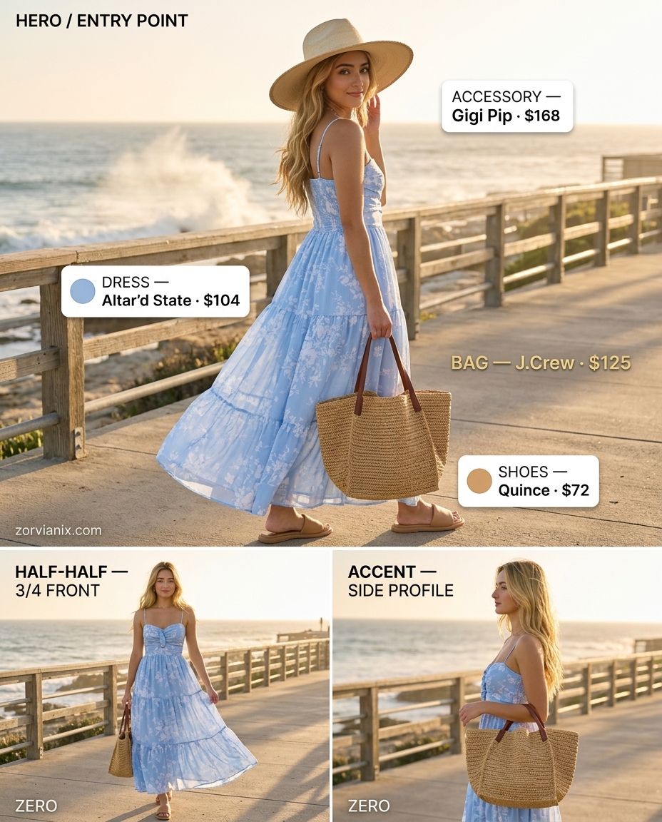 Stylish mom outfits summer 2026: Ocean blue maxi dress, straw hat, sandals for vacation.