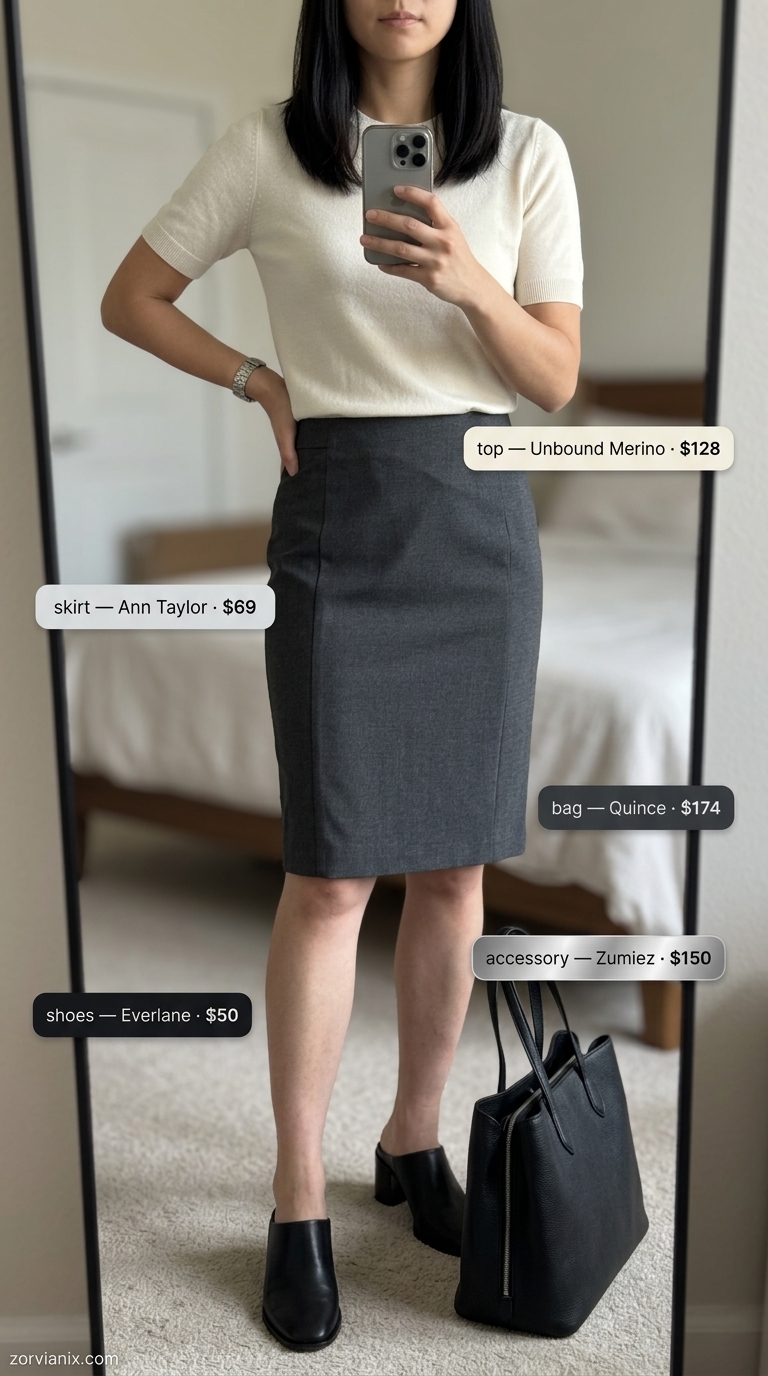 Stylish mom outfits summer 2026: Charcoal midi skirt, white top, black mules for polished office look.