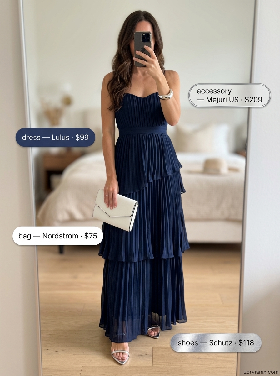 Stylish mom outfits summer 2026: Navy blue maxi dress with silver sandals for a chic evening.