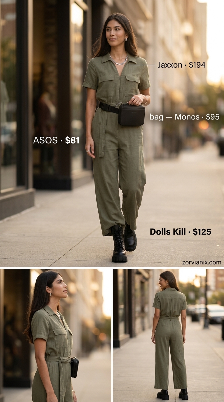 Stylish mom outfits summer 2026: Olive green utility jumpsuit with combat boots for urban exploration.