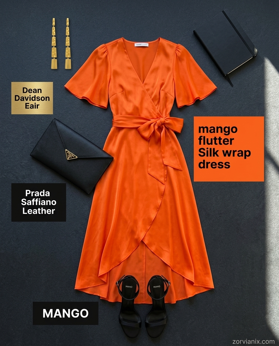 Stylish mom outfits summer 2026: Mango orange wrap dress, black heels, gold earrings for date night.