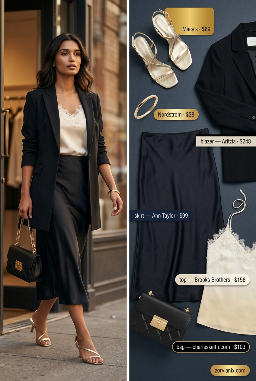 Stylish mom outfits summer 2026: Black slip skirt, ivory cami, blazer for evening.