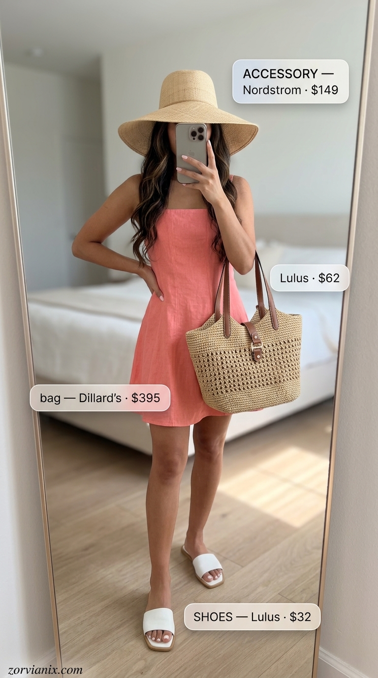 Stylish mom outfits summer 2026: Coral sundress, straw hat, white slides for casual summer day.