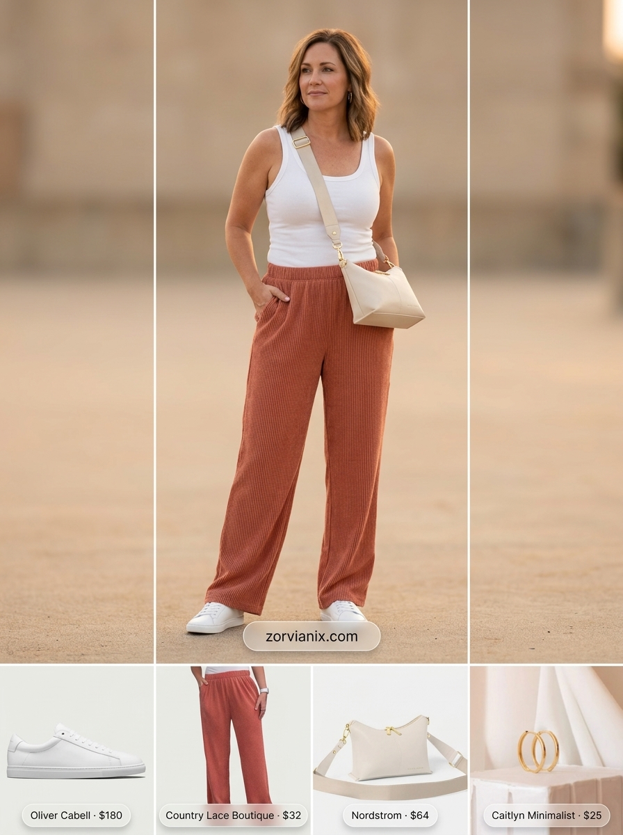 Stylish mom outfits summer 2026: Terracotta matching set with white sneakers for comfortable day out.