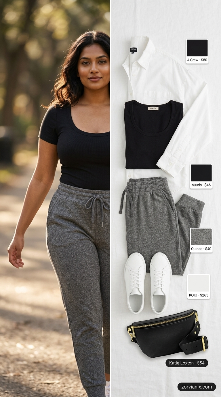 Stylish mom outfits summer 2026: Joggers, white shirt, bodysuit, sneakers for comfortable travel.