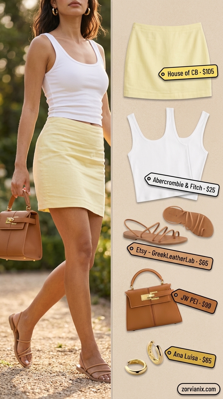 Stylish mom outfits summer 2026: Yellow linen skirt, white tank, tan sandals for a garden party.