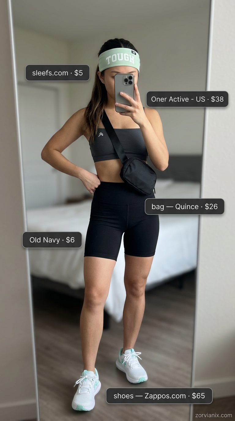 Active summer outfit: mint green sports bra bandeau, black biker shorts, running shoes & belt bag. Summer Bandeau top for women 2026.