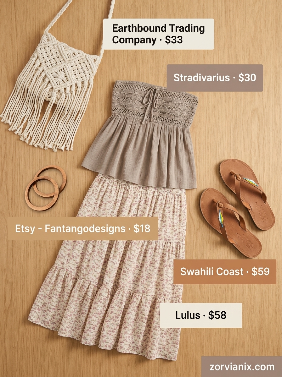 Boho beach bandeau outfit: terracotta crochet top, floral maxi skirt, macrame bag & wood bangles. Summer Bandeau top for women 2026.