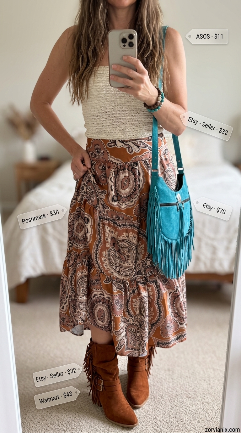 Boho festival outfit: cream crochet bandeau top, paisley maxi skirt, turquoise fringe bag & boots. Summer Bandeau top for women 2026.