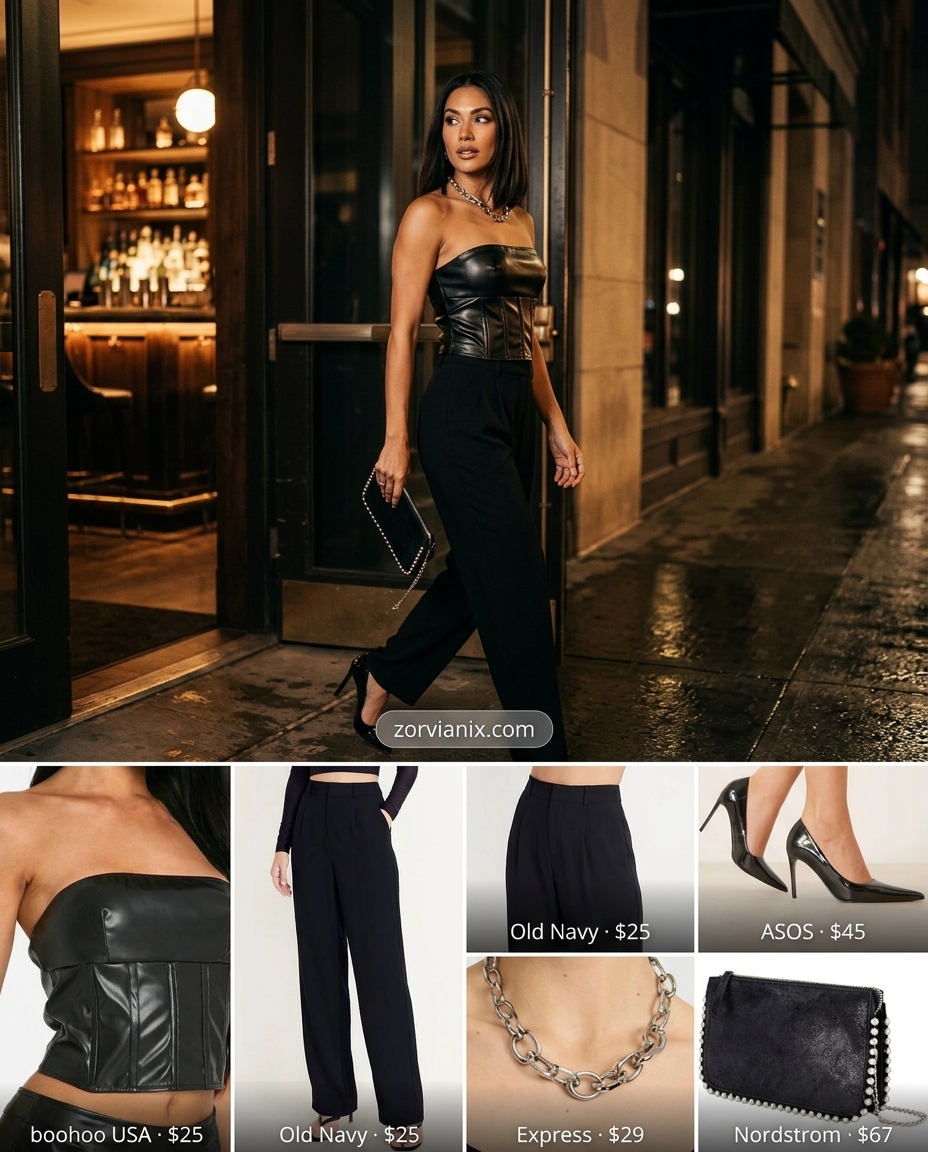 Edgy night out outfit: black faux leather bandeau top, slim trousers, pointed heels & silver necklace. Summer Bandeau top for women 2026.