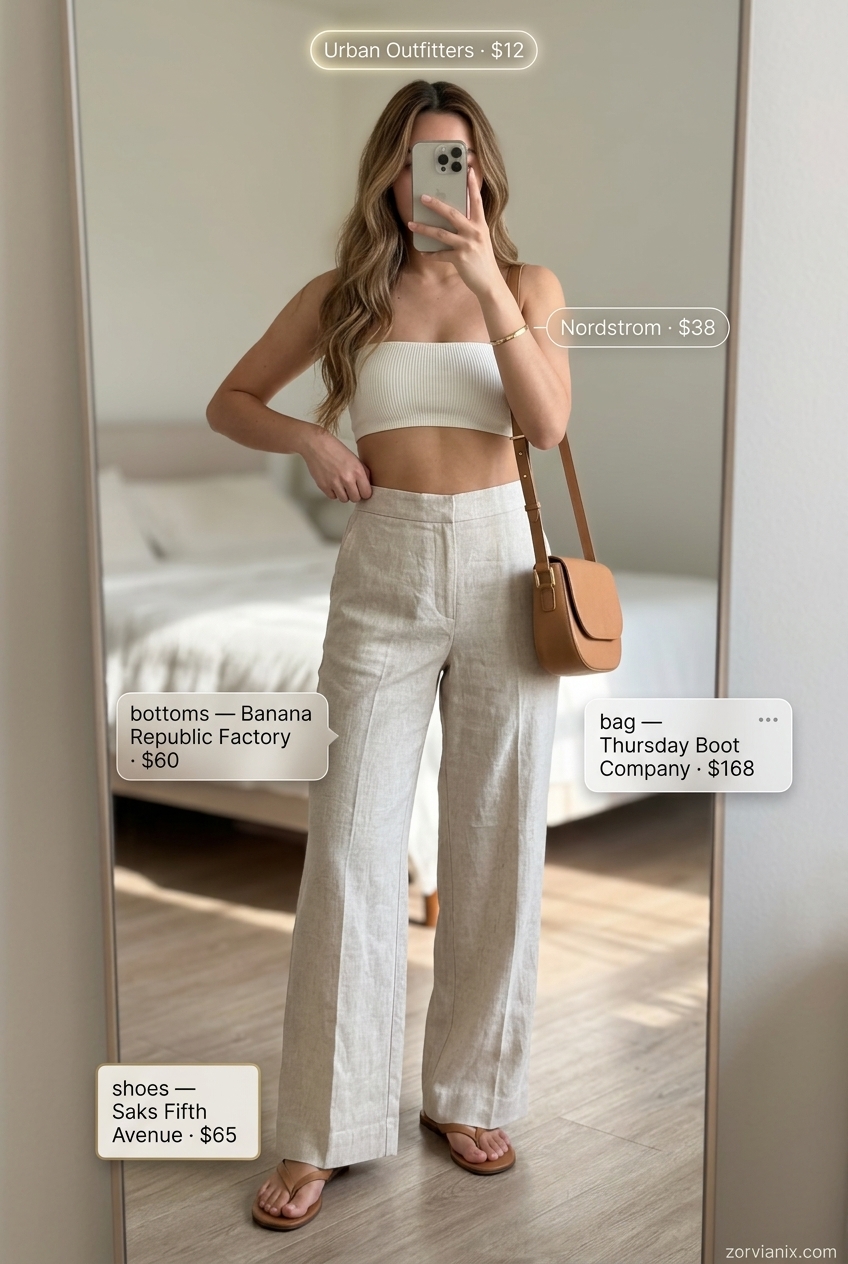 Minimalist beach outfit: beige bandeau top, high-waisted linen pants, leather sandals & crossbody bag. Summer Bandeau top for women 2026.