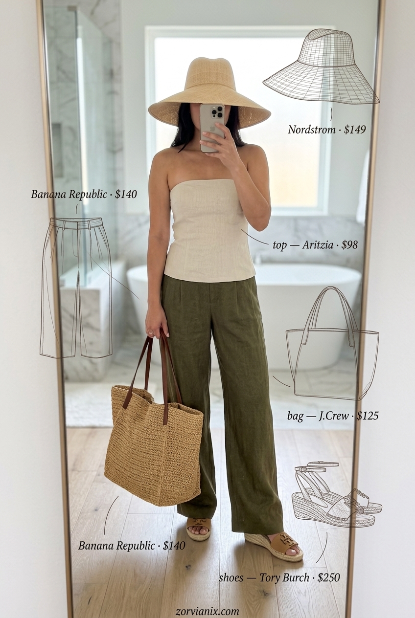 Vacation ready linen set: olive green pants, cream bandeau top, straw tote & hat. Summer Bandeau top for women 2026.