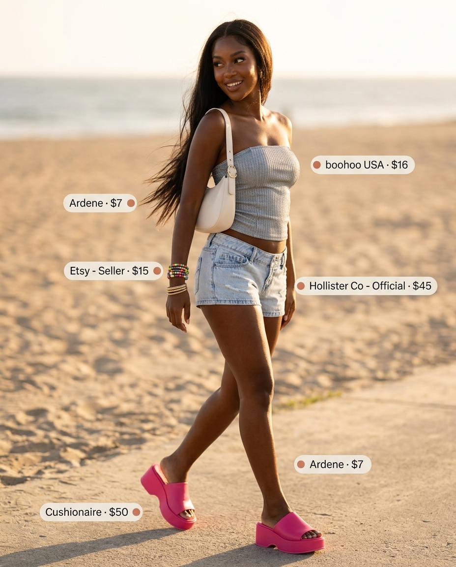Y2K beach babe outfit: silver bandeau top, denim shorts, platform flip-flops & beaded bracelets. Summer Bandeau top for women 2026.