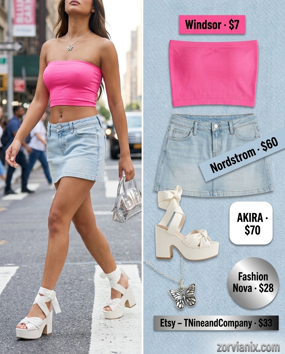 Y2K inspired outfit: hot pink bandeau top, low-rise denim mini skirt, chunky platform sandals & silver bag. Summer Bandeau top for women 2026.