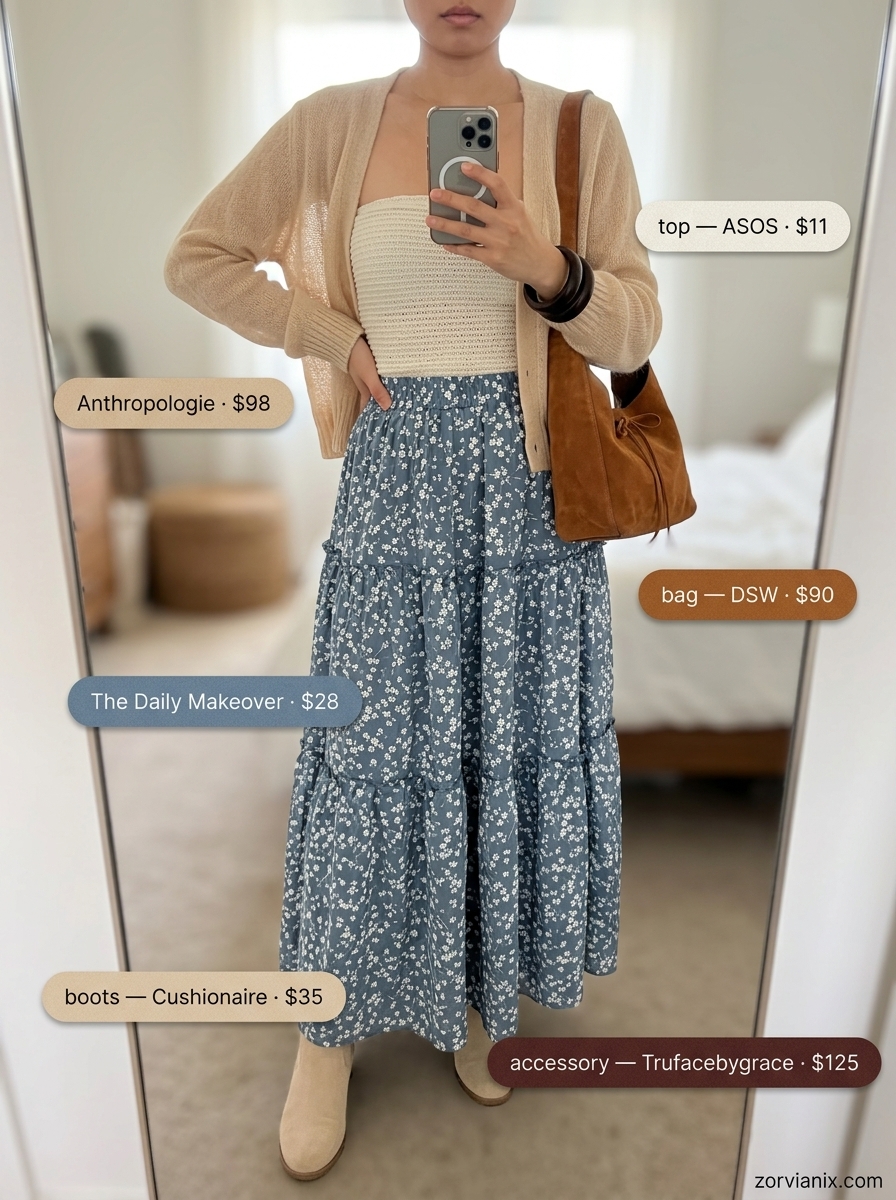 Boho Bandeau Outfit: Cream crochet bandeau, floral maxi skirt, suede boots for beach vacation.