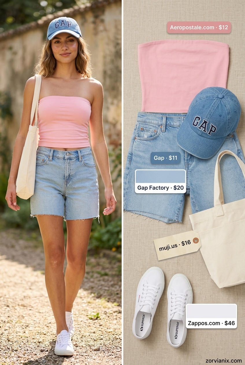 Casual Bandeau Outfit: Blush pink bandeau top, denim shorts, baseball cap & canvas tote for everyday summer.