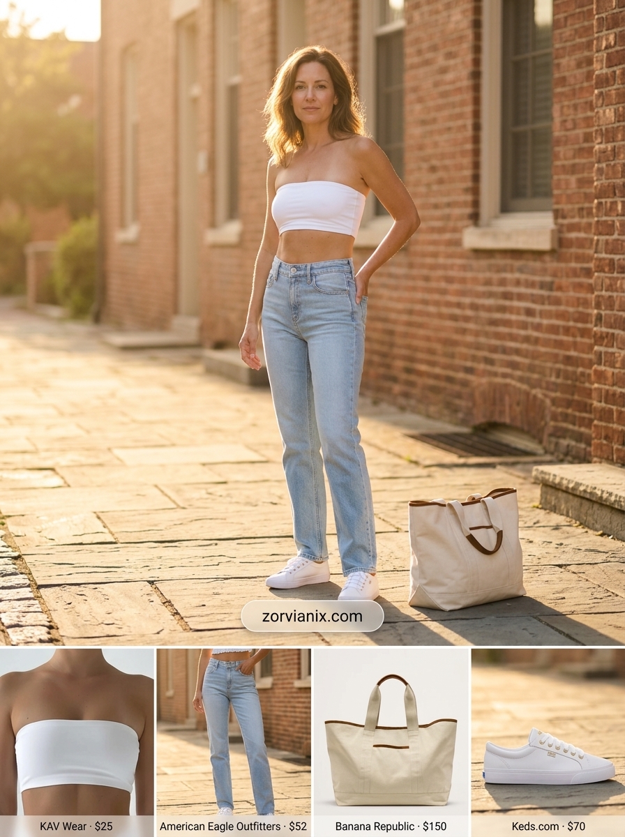 Casual Summer Bandeau Outfit: White bandeau top, light wash jeans, white sneakers for day out.