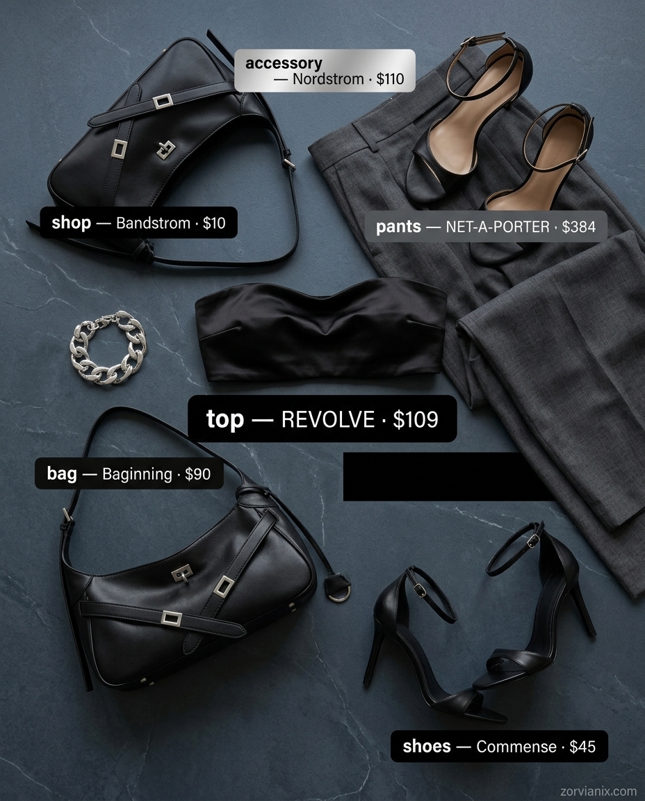 City Explorer Bandeau Outfit: Black satin bandeau, charcoal wide-leg trousers, strappy heels for dinner.