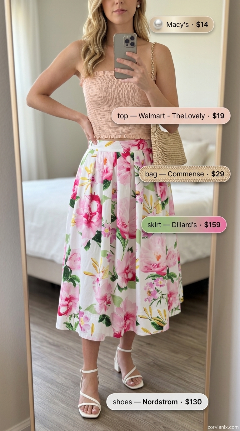 Garden Party Bandeau Outfit: Blush pink bandeau top, floral midi skirt, straw bag for summer event.