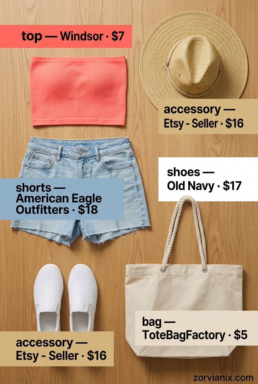 Poolside Bandeau Outfit: Coral bandeau top, denim shorts, sun hat & beach tote for summer.